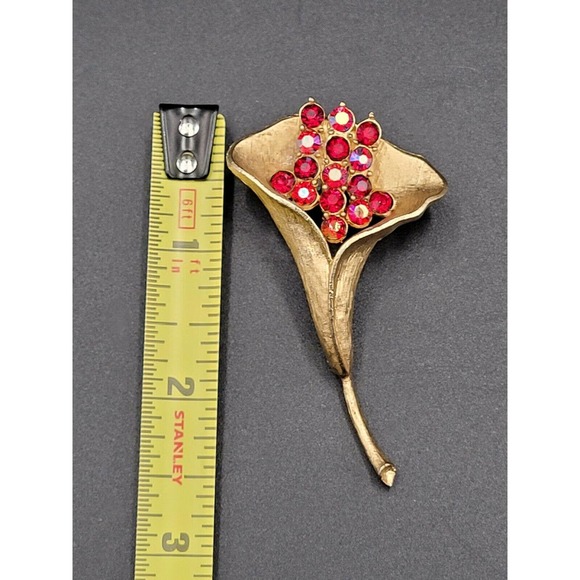 VTG Calla Lily Statement Brooch Pin Red AB Rhinestones Gold Tone Retro 50s 60s - Picture 3 of 7